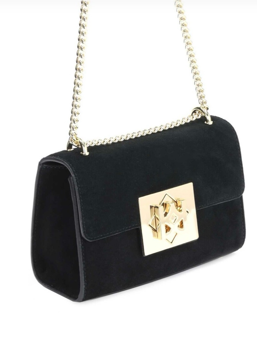 Black Suede Shoulder Bag with Gold Chain and Turn-Lock